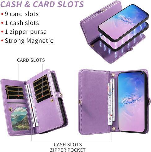 Asuwish Phone Case for Samsung Galaxy S10 Zipper Wallet Magnetic Detachable Cell Cover with Tempered Glass Screen Protector Crossbody Strap Flower Card Holder S 10 Edge 10S GS10 X10 Women Girls Purple in Kuwait