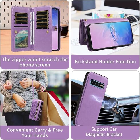 Asuwish Phone Case for Samsung Galaxy S10 Zipper Wallet Magnetic Detachable Cell Cover with Tempered Glass Screen Protector Crossbody Strap Flower Card Holder S 10 Edge 10S GS10 X10 Women Girls Purple in Kuwait