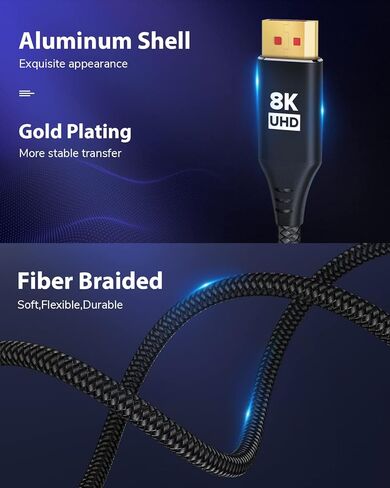 كابل منفذ عرض 16K 8K 10FT 2 حزمة، سلك DP عالي السرعة CL3، 8K@60 هرتز، 4K@144 هرتز، يدعم 40 جيجابت في الثانية، معدل تحديث عالٍ لشاشة الألعاب، الكمبيوتر المحمول، HBR3، HDR، بطاقة الرسومات 4090,7900، الكمبيوتر الشخصي in Kuwait