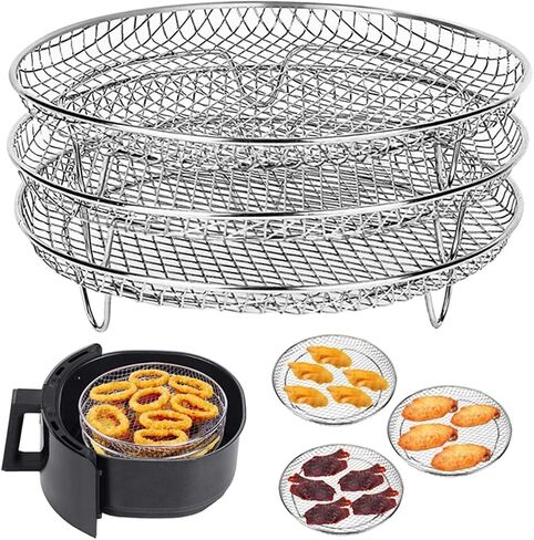 8 inch Round Air Fryer Racks 3 Layers Stackable Dehydrator Rack, 304 Stainless Steel Bacon Air Fryer Accessories for Ninja, Oven, Double Drawer Basket Grill Rack, Ninja Foodi Grill (A) in Saudi Arabia