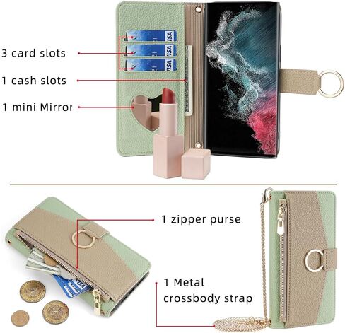 Asuwish Phone Case for Samsung Galaxy S22 Ultra 5G Wallet Cover with Screen Protector and Mirror Flip Cover Ring Credit Card Holder Crossbody Strap Stand Cell S22ultra 22S S 22 S22ultra5g 6.8 Gray in Kuwait