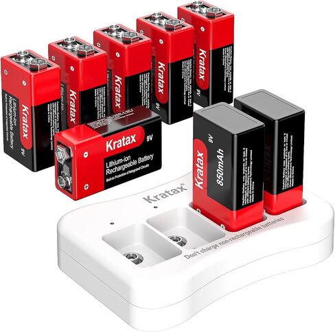 Kratax USB Rechargeable 9v Lithium Batteries 2 Pack Higher Quality 760mA / 6840mWh 9 Volt Li-ion Battery with 2H Quick Charge Cable, 1500 Cycles Long Lasting, for Smoke Detectors, Microphones in Kuwait