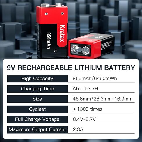 Kratax USB Rechargeable 9v Lithium Batteries 2 Pack Higher Quality 760mA / 6840mWh 9 Volt Li-ion Battery with 2H Quick Charge Cable, 1500 Cycles Long Lasting, for Smoke Detectors, Microphones in Kuwait