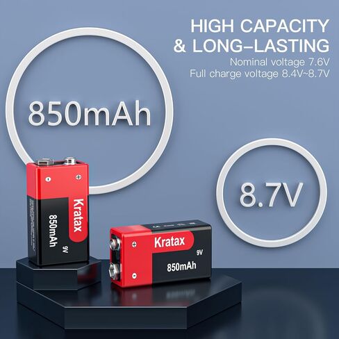 Kratax USB Rechargeable 9v Lithium Batteries 2 Pack Higher Quality 760mA / 6840mWh 9 Volt Li-ion Battery with 2H Quick Charge Cable, 1500 Cycles Long Lasting, for Smoke Detectors, Microphones in Kuwait