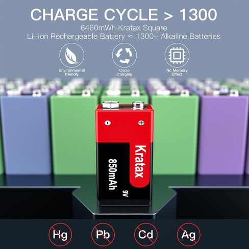Kratax USB Rechargeable 9v Lithium Batteries 2 Pack Higher Quality 760mA / 6840mWh 9 Volt Li-ion Battery with 2H Quick Charge Cable, 1500 Cycles Long Lasting, for Smoke Detectors, Microphones in Kuwait