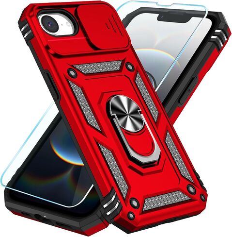 SunStory Compatible with iPhone 16e Case with HD Screen Protector & Slide Camera Cover & Rotated Ring Kickstand, [Military-Grade] Phone Case (Red, for iPhone 16e) in Saudi Arabia