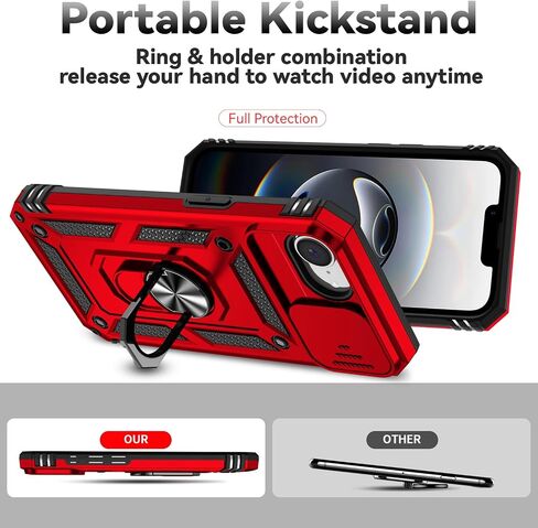 SunStory Compatible with iPhone 16e Case with HD Screen Protector & Slide Camera Cover & Rotated Ring Kickstand, [Military-Grade] Phone Case (Red, for iPhone 16e) in Saudi Arabia