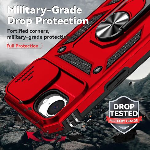 SunStory Compatible with iPhone 16e Case with HD Screen Protector & Slide Camera Cover & Rotated Ring Kickstand, [Military-Grade] Phone Case (Red, for iPhone 16e) in Saudi Arabia