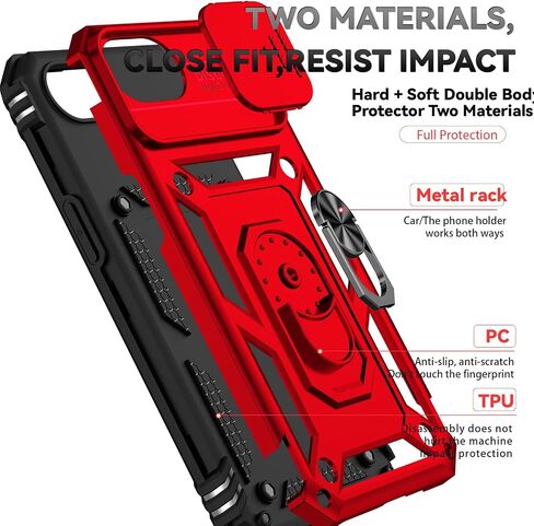 SunStory Compatible with iPhone 16e Case with HD Screen Protector & Slide Camera Cover & Rotated Ring Kickstand, [Military-Grade] Phone Case (Red, for iPhone 16e) in Saudi Arabia