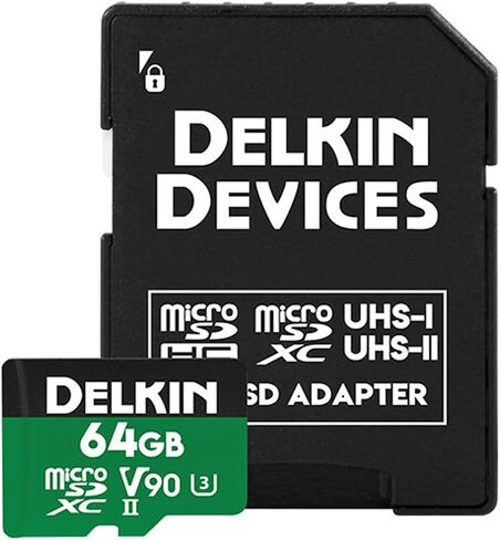 أجهزة Delkin 64 جيجابايت Power MicroSD UHS-II (V90) - قراءة 300 ميجابايت/ثانية، كتابة 250 ميجابايت/ثانية، لتسجيل فيديو 8K و4K وثلاثي الأبعاد وHDR و360 | أداء عالي للكاميرات in Kuwait