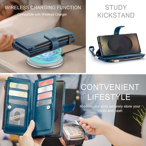 for Samsung Galaxy S24 Ultra 5G Wallet Case with Card Holder,Women Men RFID Blocking PU Leather Flip Cover Zipper Wrist Strap Kickstand Phone Case for Galaxy S 24 Ultra,Blue in Kuwait