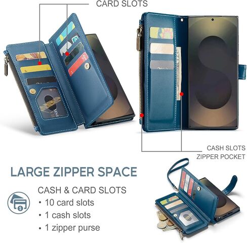 for Samsung Galaxy S24 Ultra 5G Wallet Case with Card Holder,Women Men RFID Blocking PU Leather Flip Cover Zipper Wrist Strap Kickstand Phone Case for Galaxy S 24 Ultra,Blue in Kuwait