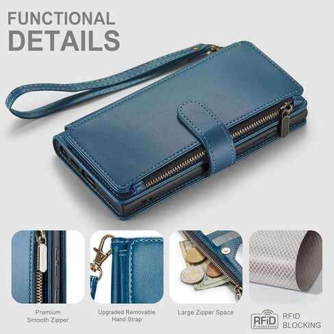 for Samsung Galaxy S24 Ultra 5G Wallet Case with Card Holder,Women Men RFID Blocking PU Leather Flip Cover Zipper Wrist Strap Kickstand Phone Case for Galaxy S 24 Ultra,Blue in Kuwait