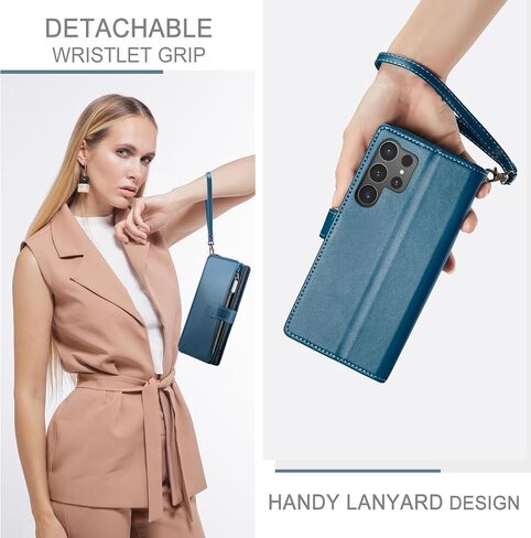 for Samsung Galaxy S24 Ultra 5G Wallet Case with Card Holder,Women Men RFID Blocking PU Leather Flip Cover Zipper Wrist Strap Kickstand Phone Case for Galaxy S 24 Ultra,Blue in Kuwait