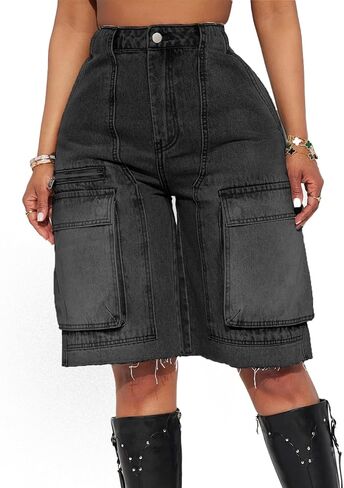 Women's High Waist Denim Shorts Straight Leg Raw Hem Jean Shorts Summer Hot Pants with Pockets in Saudi Arabia
