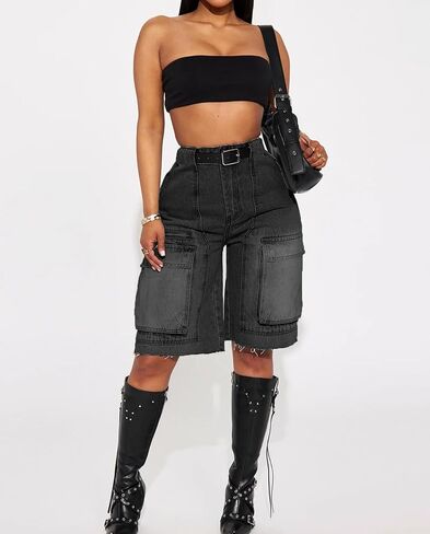 Women's High Waist Denim Shorts Straight Leg Raw Hem Jean Shorts Summer Hot Pants with Pockets in Saudi Arabia