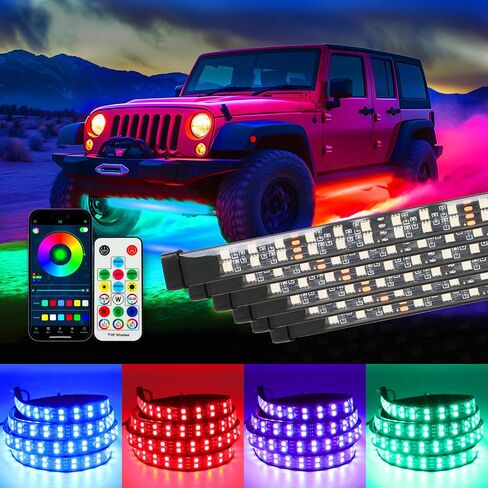 أضواء شريطية نيون متوهجة للسيارة، 6 قطع RGB LED تحت مجموعة إضاءة متوهجة للسيارة، شرائط إضاءة خارجية مقاومة للماء لشاحنة فان SUV، مع جهاز تحكم عن بعد APP وRF، تيار مستمر 12 فولت in Saudi Arabia