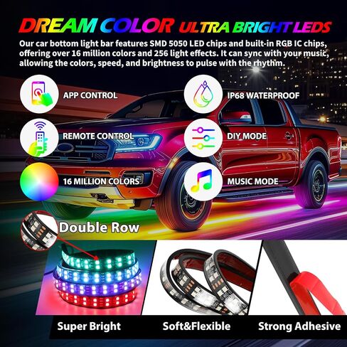 أضواء شريطية نيون متوهجة للسيارة، 6 قطع RGB LED تحت مجموعة إضاءة متوهجة للسيارة، شرائط إضاءة خارجية مقاومة للماء لشاحنة فان SUV، مع جهاز تحكم عن بعد APP وRF، تيار مستمر 12 فولت in Saudi Arabia