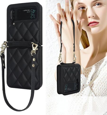 for Samsung Galaxy Z Flip 4 Crossbody Case, Phone Case for Galaxy Z Flip4 with Strap, Stylish Shockproof Cover for Women Girl Lanyard Case for Samsung Z Flip 4.Lanyard Black in Saudi Arabia