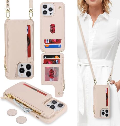 Cavor iPhone 13 Pro Case, Wallet Case for Women with Card Holder, Crossbody Lanyard, Faux Leather, Cream in Kuwait