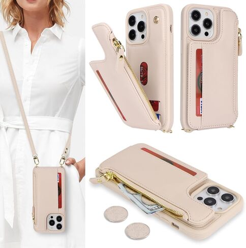 Cavor iPhone 13 Pro Case, Wallet Case for Women with Card Holder, Crossbody Lanyard, Faux Leather, Cream in Kuwait