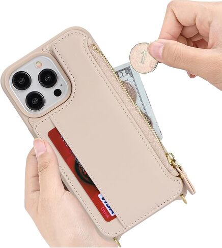 Cavor iPhone 13 Pro Case, Wallet Case for Women with Card Holder, Crossbody Lanyard, Faux Leather, Cream in Kuwait