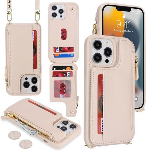 Cavor iPhone 13 Pro Case, Wallet Case for Women with Card Holder, Crossbody Lanyard, Faux Leather, Cream in Kuwait