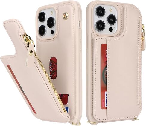 Cavor iPhone 13 Pro Case, Wallet Case for Women with Card Holder, Crossbody Lanyard, Faux Leather, Cream in Kuwait