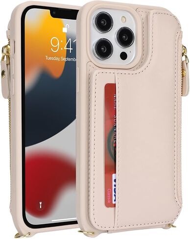 Cavor iPhone 13 Pro Case, Wallet Case for Women with Card Holder, Crossbody Lanyard, Faux Leather, Cream in Kuwait