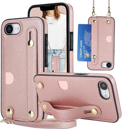 لـ iPhone 16E (2025) Crossbody Case مع حامل فتحة البطاقة ، حبل حزام الكتف قابل للتعديل قابل للإزالة مع غطاء Kickstand مع Wristband for iPhone 16e ، WD Black in Kuwait