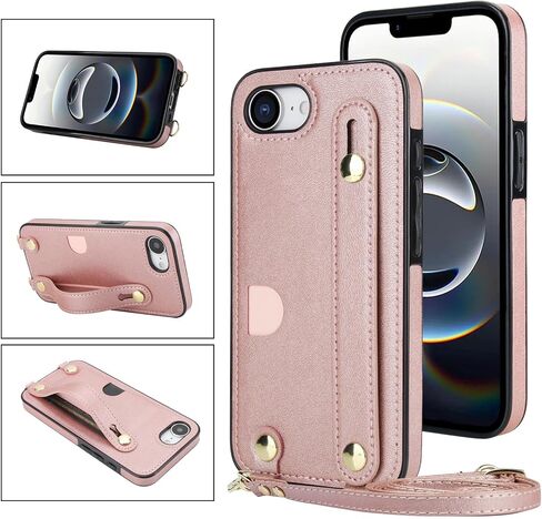 لـ iPhone 16E (2025) Crossbody Case مع حامل فتحة البطاقة ، حبل حزام الكتف قابل للتعديل قابل للإزالة مع غطاء Kickstand مع Wristband for iPhone 16e ، WD Black in Kuwait