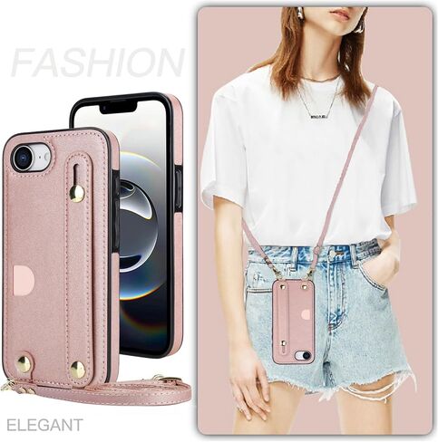 لـ iPhone 16E (2025) Crossbody Case مع حامل فتحة البطاقة ، حبل حزام الكتف قابل للتعديل قابل للإزالة مع غطاء Kickstand مع Wristband for iPhone 16e ، WD Black in Kuwait