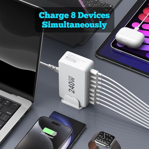 USB C Charger, 200W 8-Port USB C Charging Station Hub【4 USB C+4 USB A】, GaN Fast Charger, Compatible with MacBook Pro/Air/Google Pixel/iPhone 15/14/13/Galaxy S24/S23/S22/Smartphones/Laptops/Tablets in Kuwait