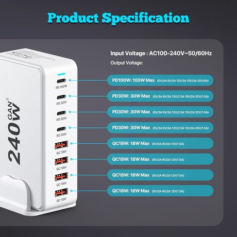USB C Charger, 200W 8-Port USB C Charging Station Hub【4 USB C+4 USB A】, GaN Fast Charger, Compatible with MacBook Pro/Air/Google Pixel/iPhone 15/14/13/Galaxy S24/S23/S22/Smartphones/Laptops/Tablets in Kuwait