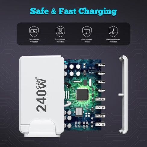USB C Charger, 200W 8-Port USB C Charging Station Hub【4 USB C+4 USB A】, GaN Fast Charger, Compatible with MacBook Pro/Air/Google Pixel/iPhone 15/14/13/Galaxy S24/S23/S22/Smartphones/Laptops/Tablets in Kuwait