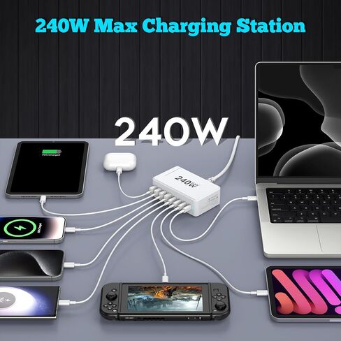 USB C Charger, 200W 8-Port USB C Charging Station Hub【4 USB C+4 USB A】, GaN Fast Charger, Compatible with MacBook Pro/Air/Google Pixel/iPhone 15/14/13/Galaxy S24/S23/S22/Smartphones/Laptops/Tablets in Kuwait
