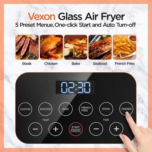 Vexon 4.5L Glass Air Fryer ，Clear Viewing Window ，Easy-to-Clean Basket ，Multiple Cooking Modes ，User-Friendly Digital Controls (Black) in Saudi Arabia