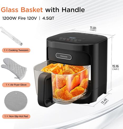 Vexon 4.5L Glass Air Fryer ，Clear Viewing Window ，Easy-to-Clean Basket ，Multiple Cooking Modes ，User-Friendly Digital Controls (Black) in Saudi Arabia