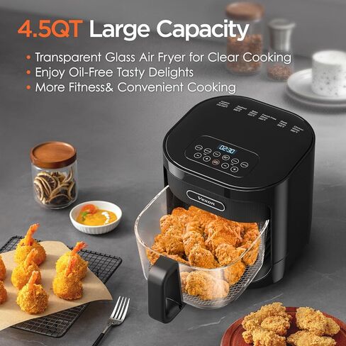 Vexon 4.5L Glass Air Fryer ，Clear Viewing Window ，Easy-to-Clean Basket ，Multiple Cooking Modes ，User-Friendly Digital Controls (Black) in Saudi Arabia