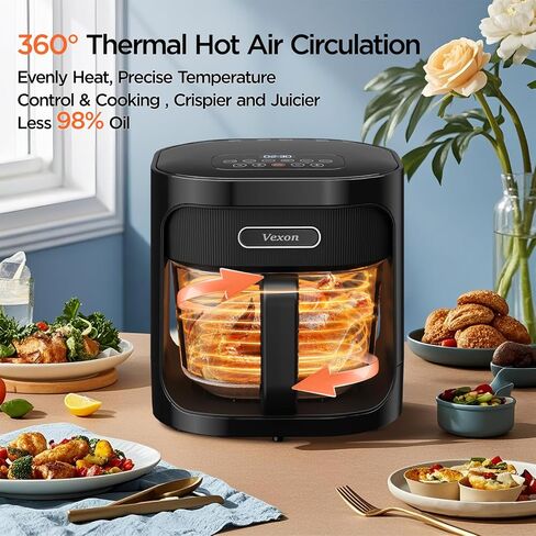 Vexon 4.5L Glass Air Fryer ，Clear Viewing Window ，Easy-to-Clean Basket ，Multiple Cooking Modes ，User-Friendly Digital Controls (Black) in Saudi Arabia