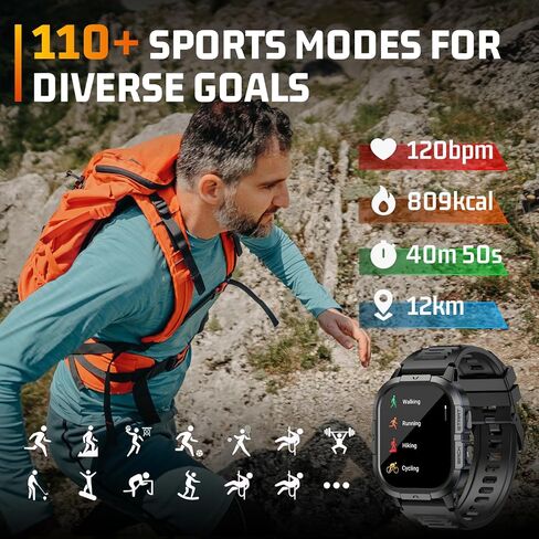 Military Smart Watches for Men-2.06"AMOLED Bluetooth Calls, IP68 Fitness Activity Step Tracker with Sleep Monitor/Pedometer/110+ Sports Modes, Tactical Smart Watch for Android iOS Samsung Compatible in Saudi Arabia