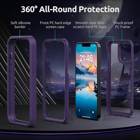 ANB for iPhone 14 case & iPhone 13 case,Soft Silicone and Clear Hard PC Back 3in1 Full Body Shockproof Heavy Duty Military-Grade Drop Protection Cover, (Dark Purple) in Saudi Arabia