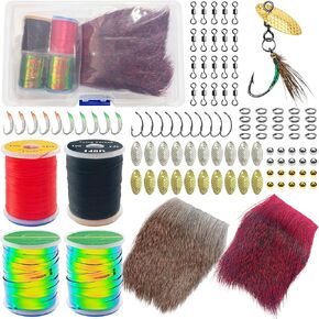 107Pcs Fly Tying Materials Kit Flashabou, Threads, Fishing Beads, Spinner Blades, Split Rings, Snap Swivels, Fly Tying Hooks DIY Supplies for Fly Fishing Flies Spinners Trout Bass Salmon