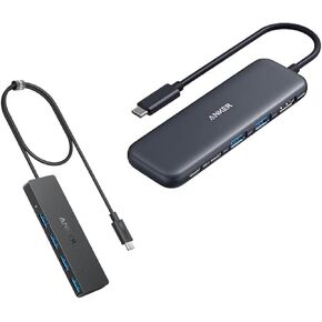 Anker 332 USB-C Hub (5-in-1) with 4K HDMI Display, 5Gbps - and 2 5Gbps USB-A Data Ports&Anker 4-Port USB 3.0 Hub with 5Gbps Data Transfer, Ultra-Slim Data USB C Hub