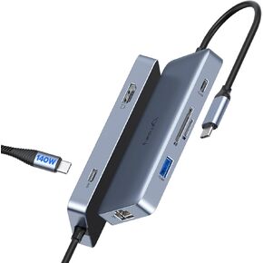 USB C Hub Multiport Adapter 7-in-1 140W Power Delivery Charging 4K 60Hz HDMI, 10Gbps USB-C USB-A, Gigabit Ethernet, 300mbps SD TF 4.0 Slot for USBC, USB4, Thunderbolt MacBook, Windows, Chromebook