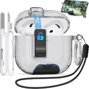for AirPods 4 Case with Phone Stand & Secure Lock| Auto-Open Clear Cover Compatible with Apple AirPods 4th Gen 2024 (ANC/Non-ANC), with Cleaning Kit and Anti-Lost Keychain, Shockproof, Anti-Scratch