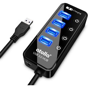 atolla 4-Port USB 3.0 Hub, USB Splitter with Individual On/Off Switches & LED
