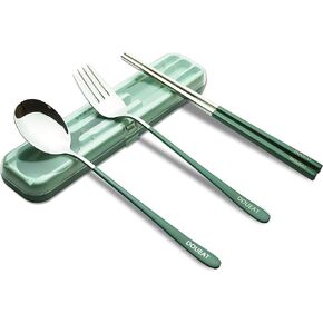 Portable Utensils Set Case with Fork, Spoon, Chopsticks; Reusable Stainless Steel Flatware; for Travel, Camping, School, Office Silverware Cutlery - Green