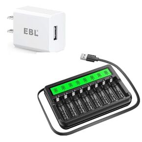 EBL AA AAA Battery Charger with Built-in Charging Cable High-Speed and 5V 2A Wall Charger