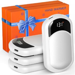 Hand Warmers Rechargeable, 4 Pack Electric Hand Warmer with Gift Box, LED Battery and Temperature Display, Quick Heating Portable Pocket Heater, for Men Women, Camping, Hunting White